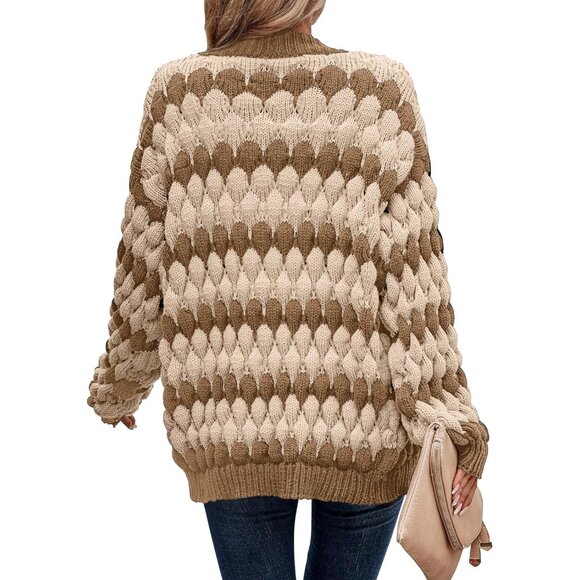 Womens Chunky Knit Cardigan Open Front Lantern Sleeve Color Block Cozy Sweater - Picture 2 of 6